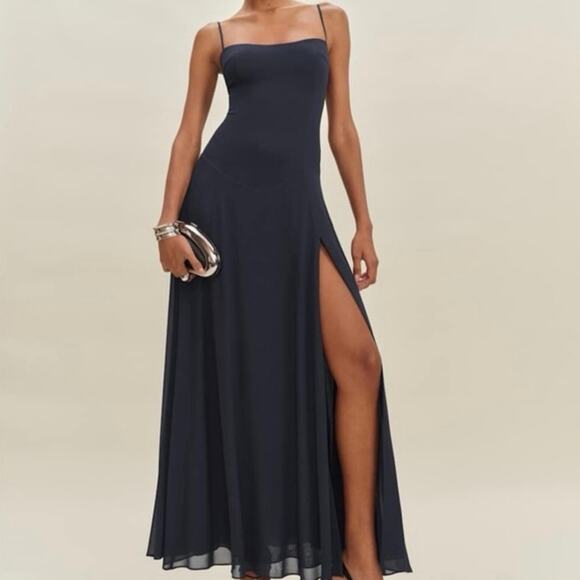 Reformation Ingrid Maxi Dress Navy Blue Sz 2 Formal Holiday New Years Wedding - Picture 3 of 10